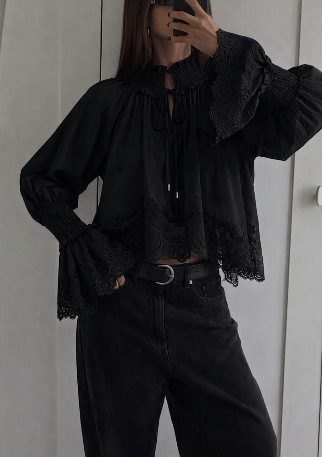 SOKYND Carla Embroidery Lace Trim Blouse BlouseBlackS