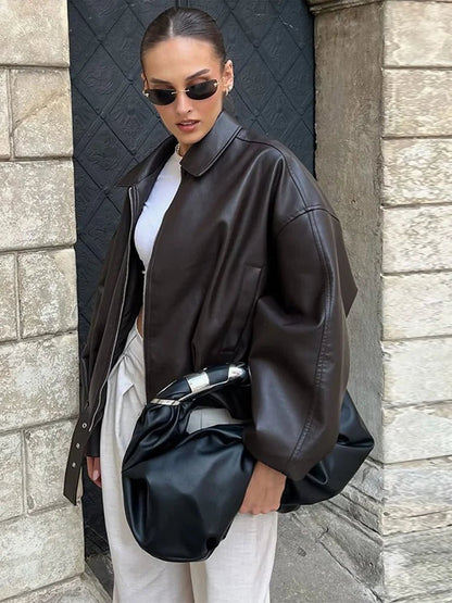 SOKYND Carlotta Vegan Leather Jacket Coats & Jacketsmk1767625273842570184BrownS