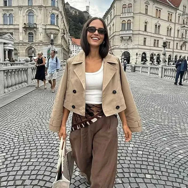 SOKYND Carmen Cropped Double Breasted Trench Coat CoatSOKYND-670935-BEI-S-82071BeigeS