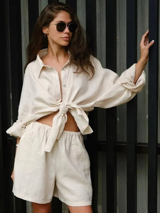 SOKYND Celeste Lapel Lantern Sleeve Shorts Set ShortsSOKYND-294935-CRE-S-18935CreamS