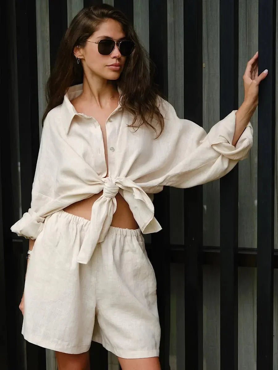 SOKYND Celeste Lapel Lantern Sleeve Shorts Set ShortsCreamS