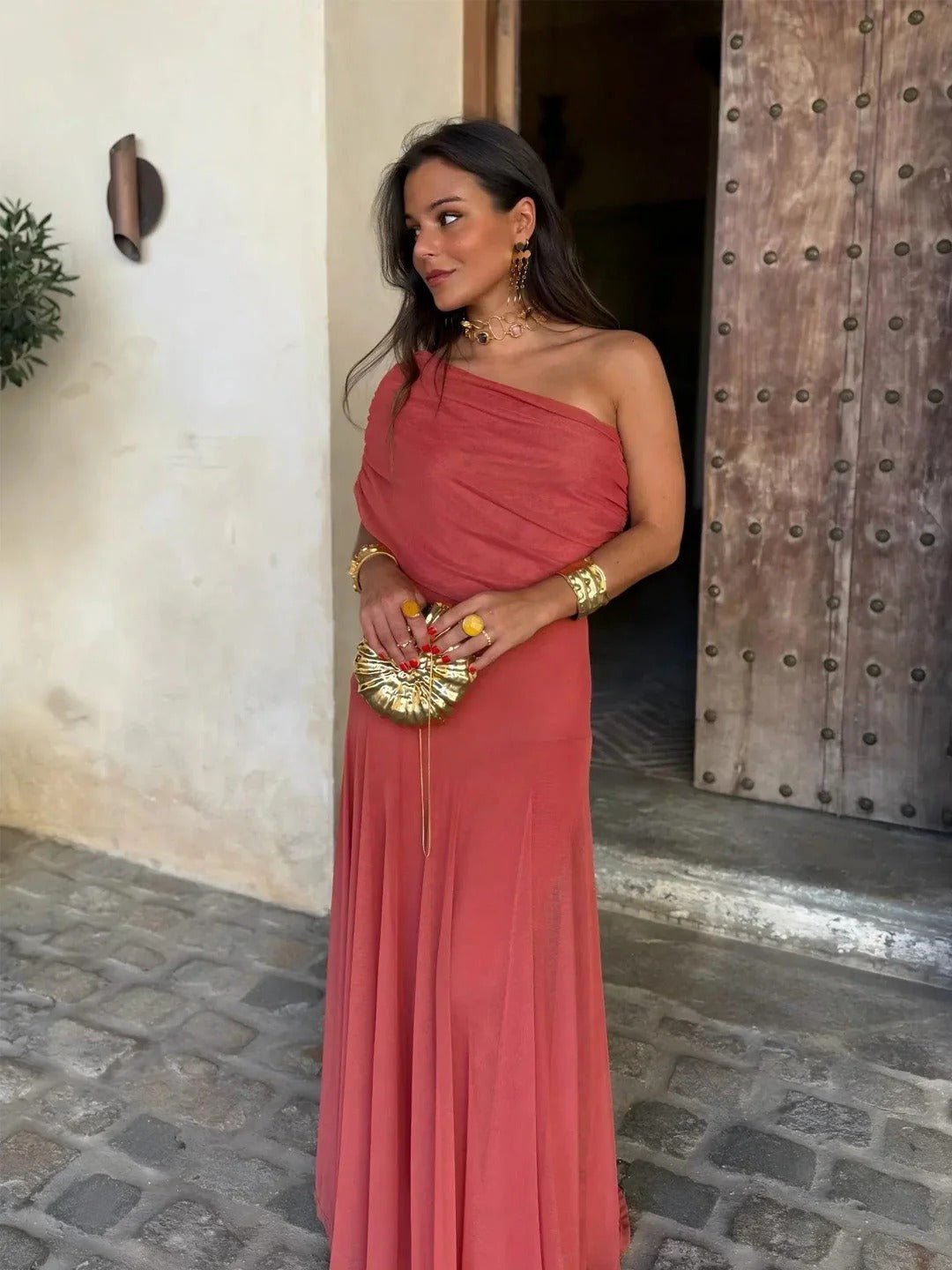 SOKYND Celeste Off-Shoulder Ruched Maxi Dress DressTerracottaS