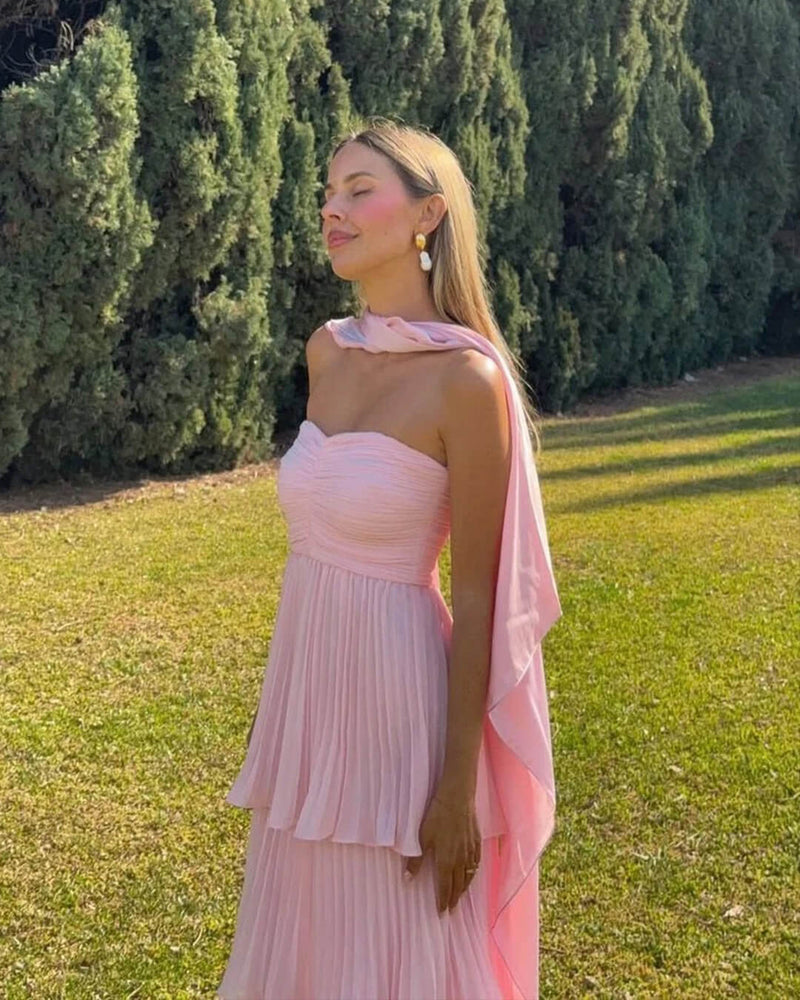 SOKYND pink strapless pleated maxi dress worn outdoors