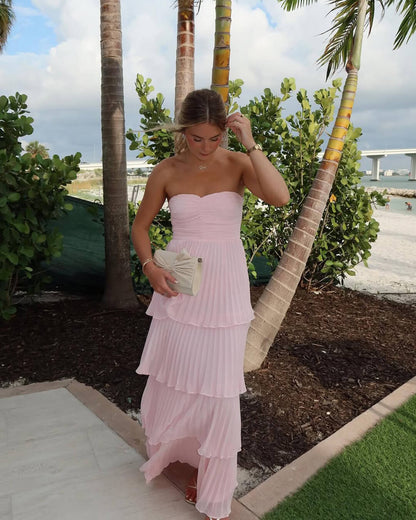 SOKYND Celeste Strapless Pleated Tiered Maxi Dress DressesS