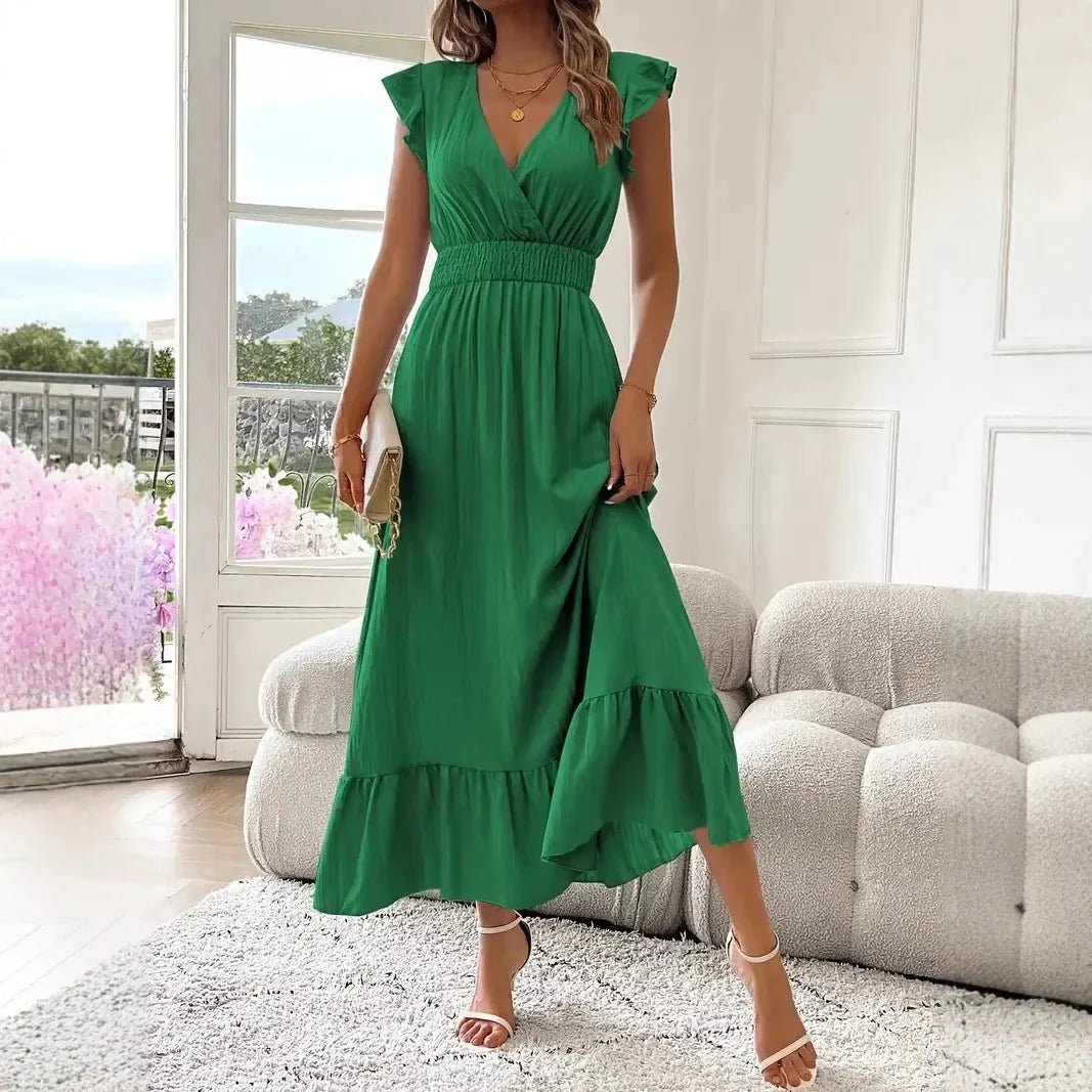 SOKYND Dahlia V - Neck Ruffle Swing Dress DressGreenS