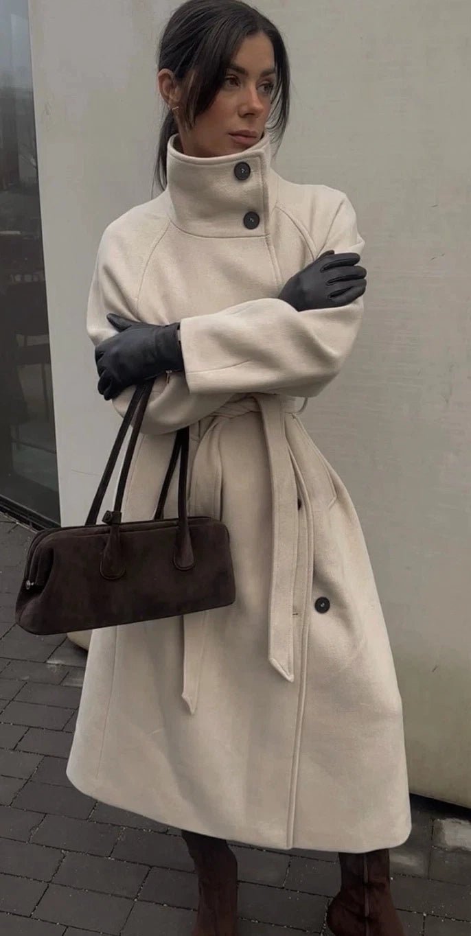 SOKYND Dolly Long Belted High Collar Coat Coats & JacketsBeigeS