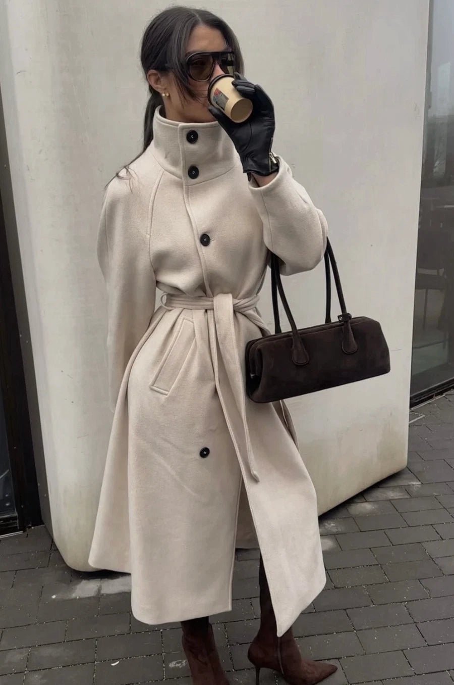 SOKYND Dolly Long Belted High Collar Coat Coats & JacketsBeigeS
