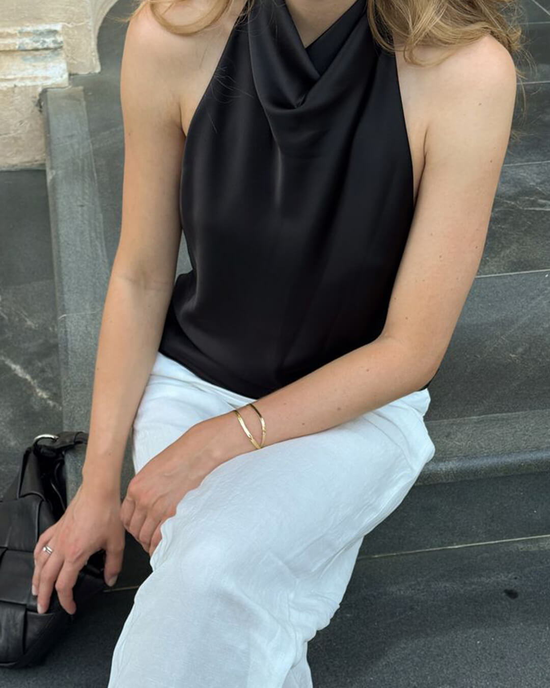 SOKYND Elaine Halter Backless Satin Top TopsBlackM