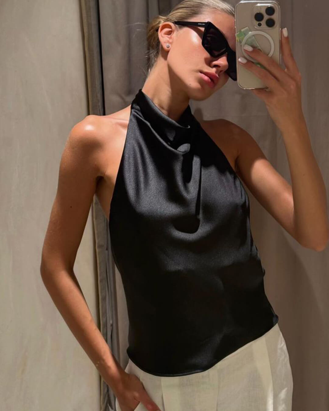 SOKYND Elaine Halter Backless Satin Top TopsBlackXS