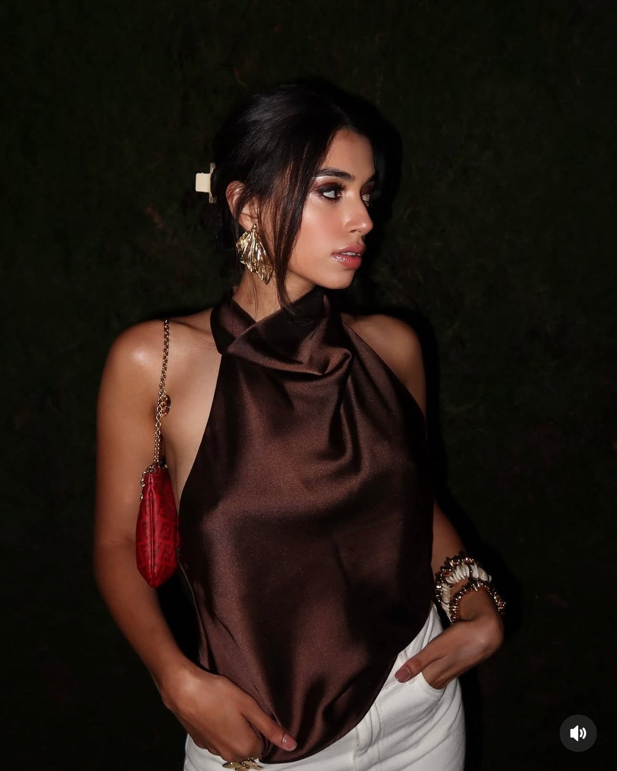 SOKYND Elaine Halter Backless Satin Top TopsBrownXS
