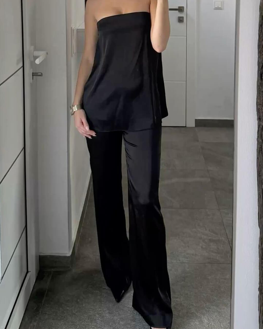 SOKYND Elena Wide Leg Satin Trousers PantsBlackS
