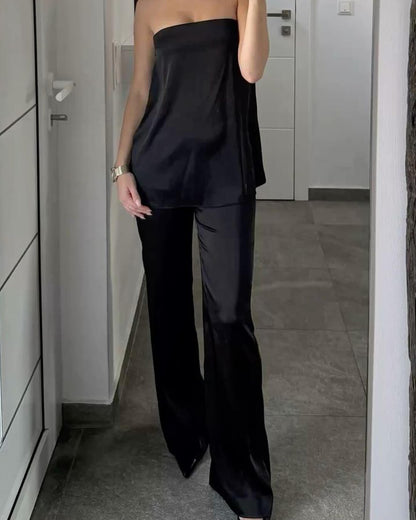 SOKYND Elena Wide Leg Satin Trousers PantsBlackS
