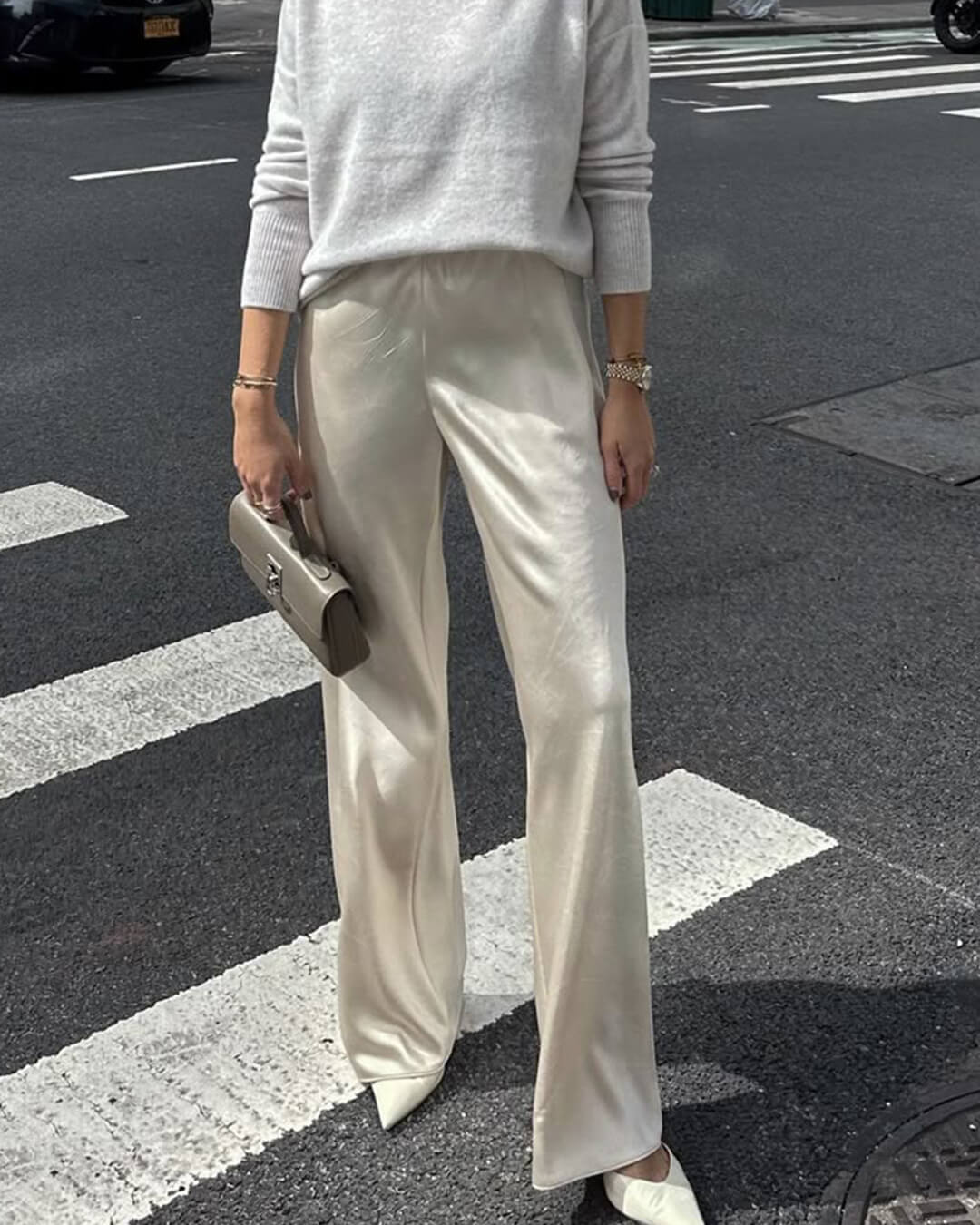 SOKYND Elena Wide Leg Satin Trousers PantsIvoryS