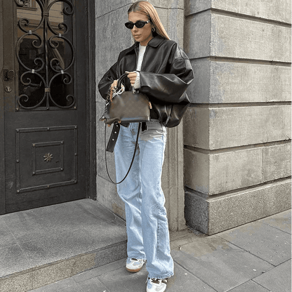 SOKYND Eliana Leather Moto Jacket Coats & JacketsBlackL