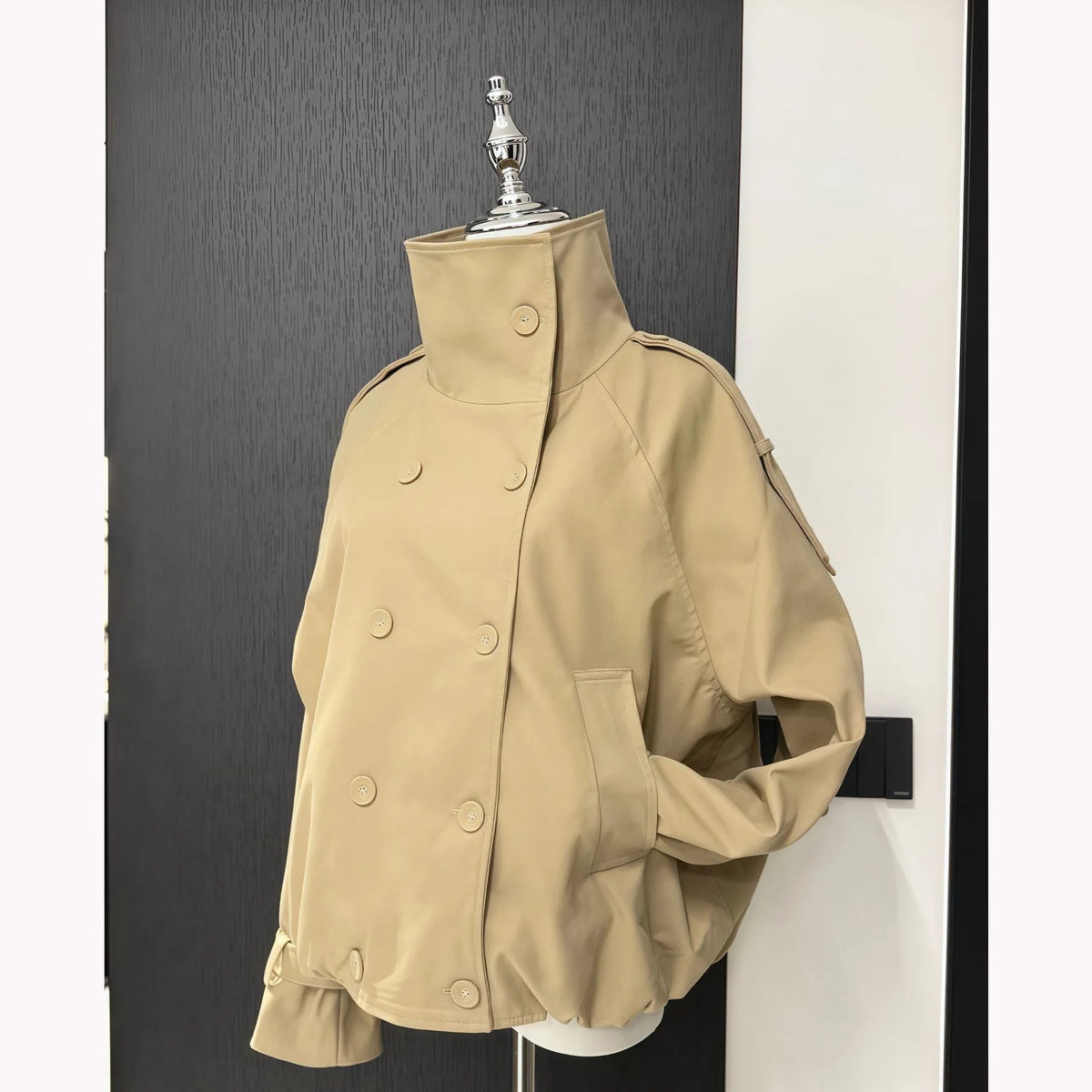 SOKYND Erica High Funnel Neck Cropped Trench Jacket JacketSOKYND-051223-BEI-L-75831BeigeL