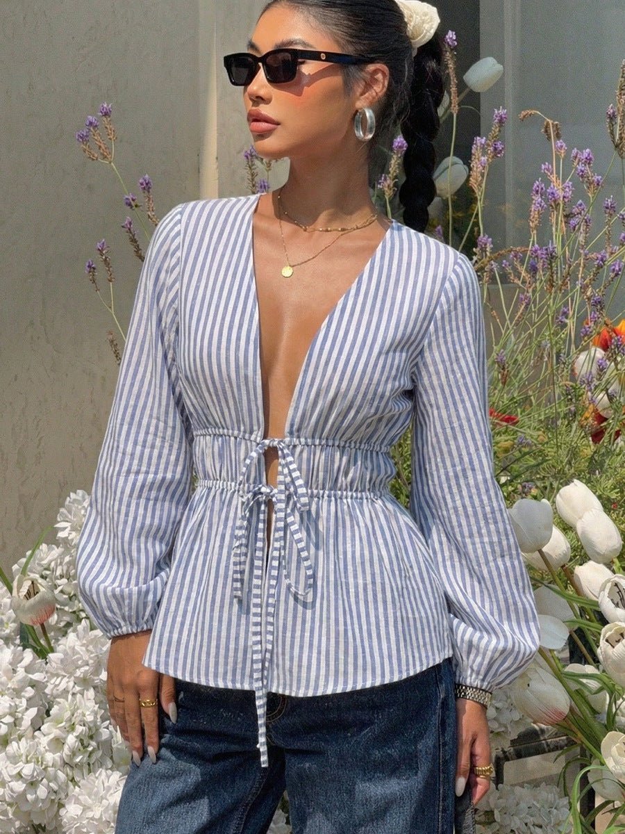SOKYND Eulalia Striped Tie - Front Blouse TopsBlueL