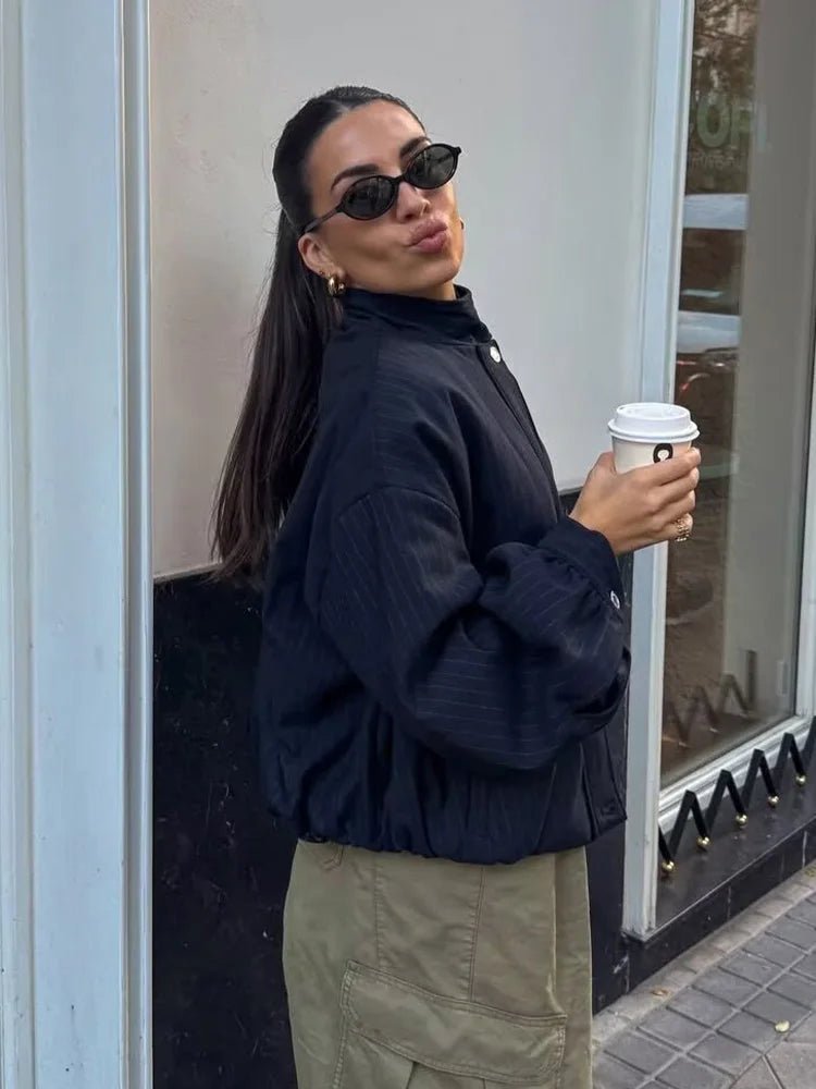 SOKYND Honora Pinstripe Bomber Jacket Coats & JacketsSOKYND-104343-DAR-XS-95031Dark Blue StripeXS