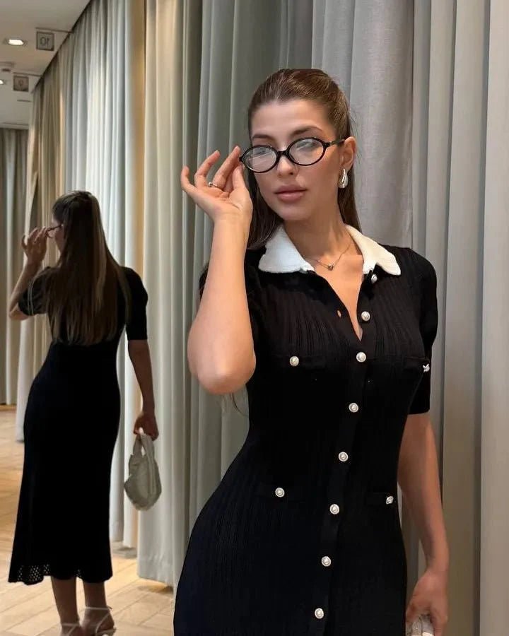 SOKYND Ines French V - Neck Knitted Slit Dress DressBlackS