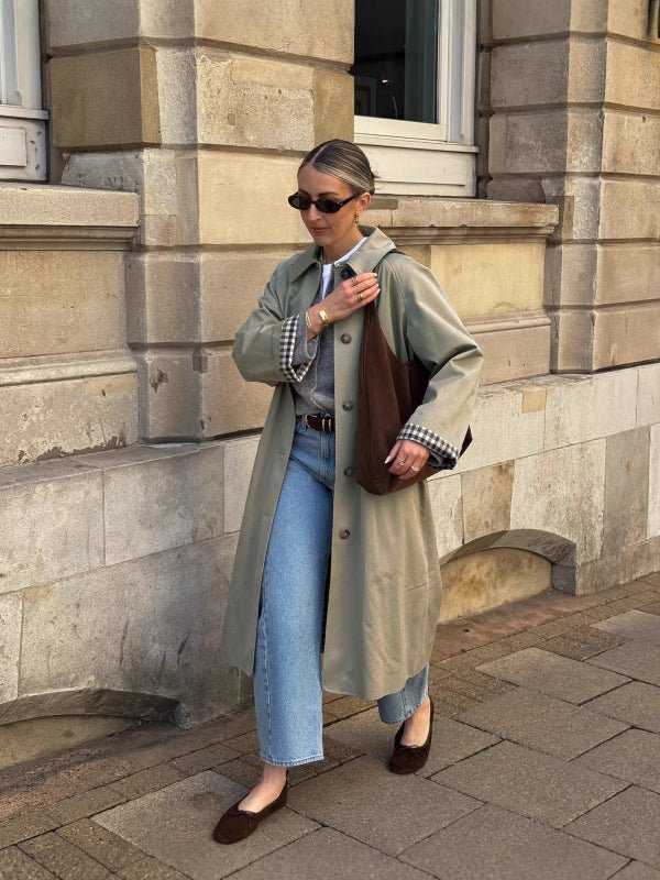SOKYND Jane Check-Accent Mid Trench Coat CoatSage GreenS