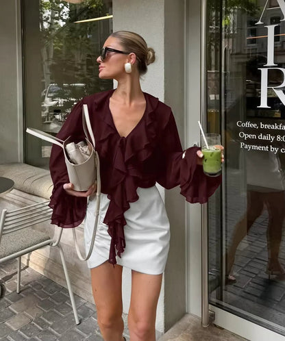 SOKYND Kelly Tie Neck Ruffled Blouse BlouseSOKYND-287383-BUR-L-63159BurgundyL