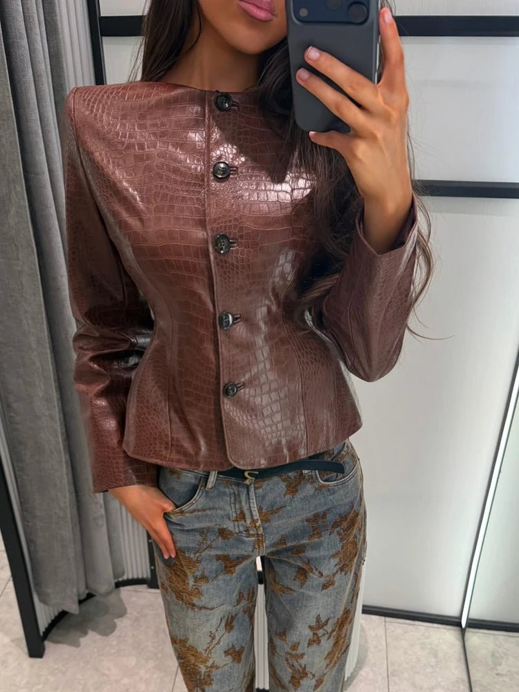 SOKYND Lola Croc Embossed Faux Leather Jacket JacketSOKYND-449943-BRO-M-85911BrownM