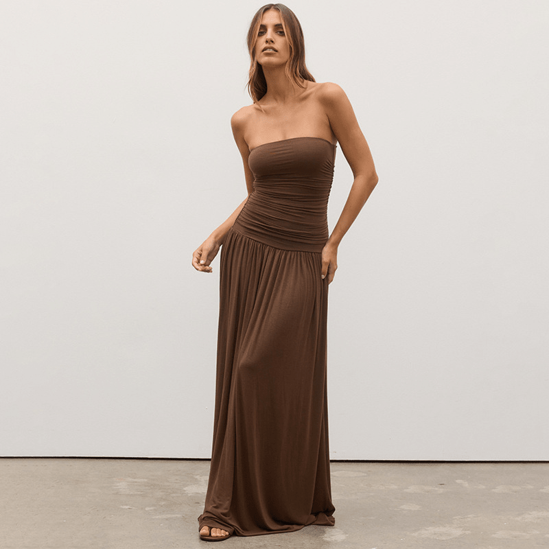 SOKYND Luz Strapless Ruched Maxi Dress in Brown