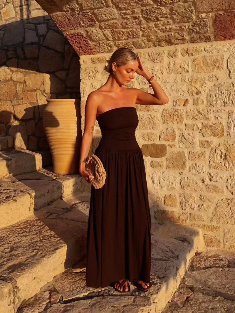 SOKYND Luz Strapless Ruched Maxi Dress in Brown