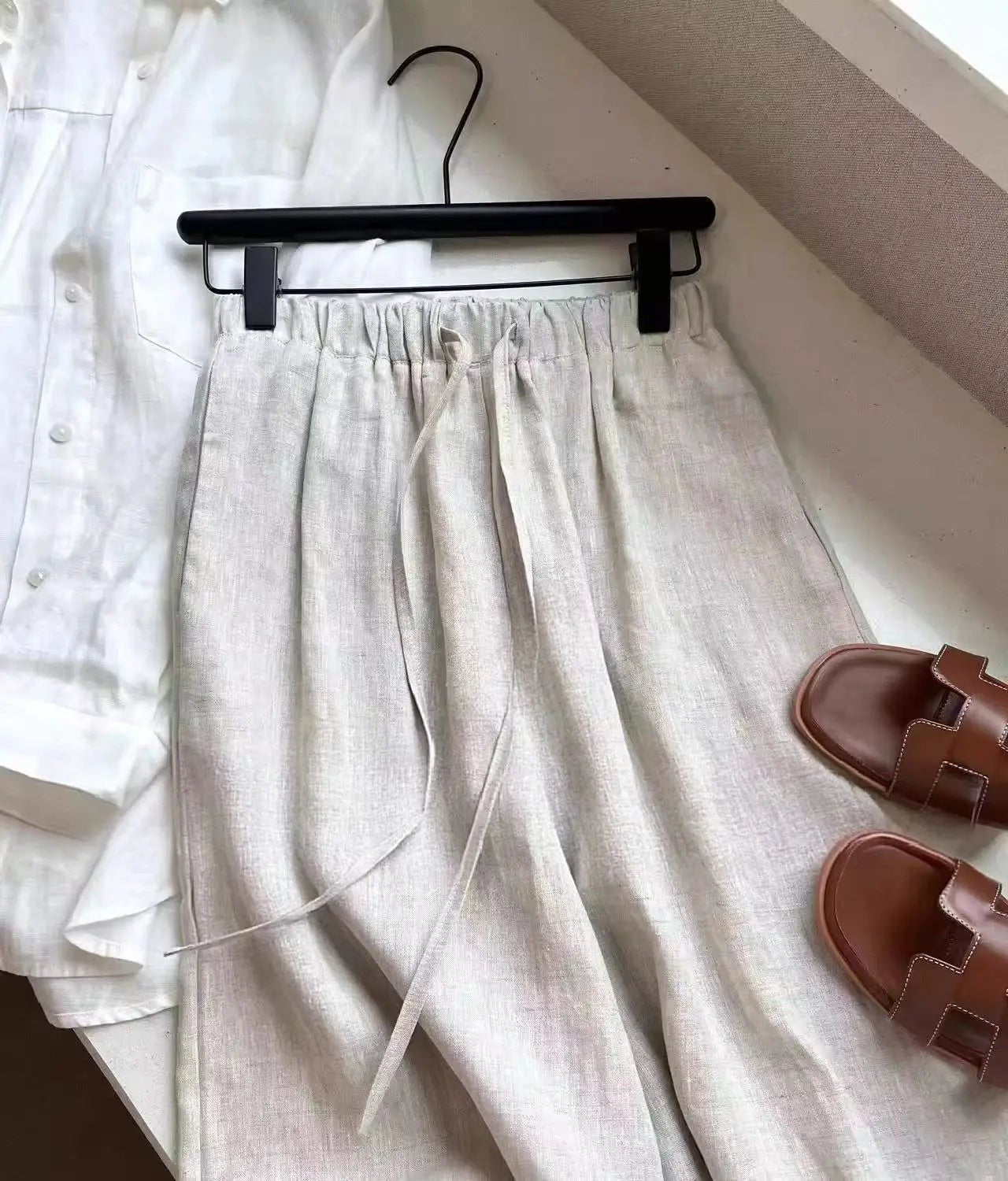 SOKYND Mabel Wide Leg Linen Pants BottomsBeigeS