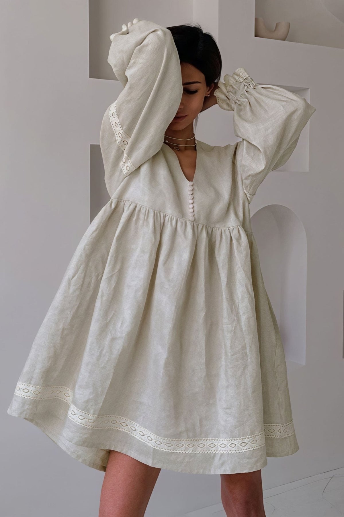 SOKYND Magnolia Cotton Linen V - Neck Lantern Sleeve Mini Dress DressKhakiM