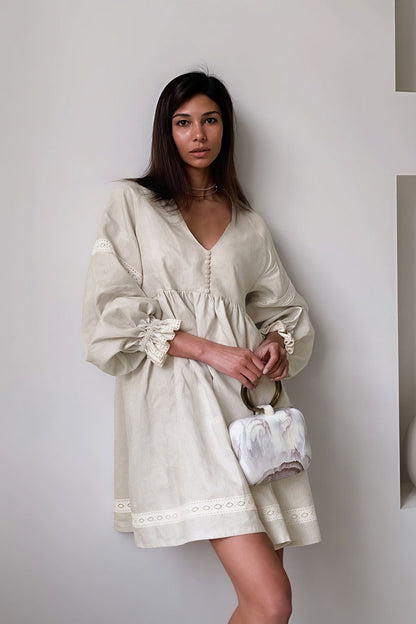 SOKYND Magnolia Cotton Linen V - Neck Lantern Sleeve Mini Dress DressKhakiS