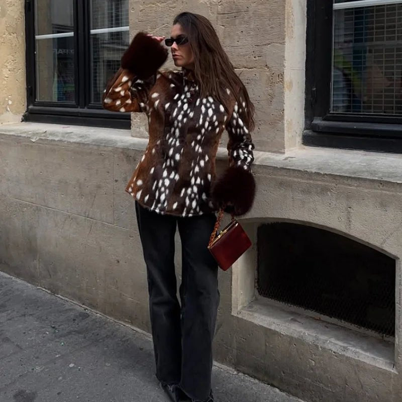 SOKYND Melissa Contrast Cuff Faux Fur Jacket JacketBrownXS