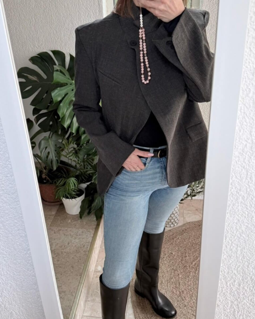 SOKYND Miriam Plaid Stand Collar Blazer JacketCharcoalS