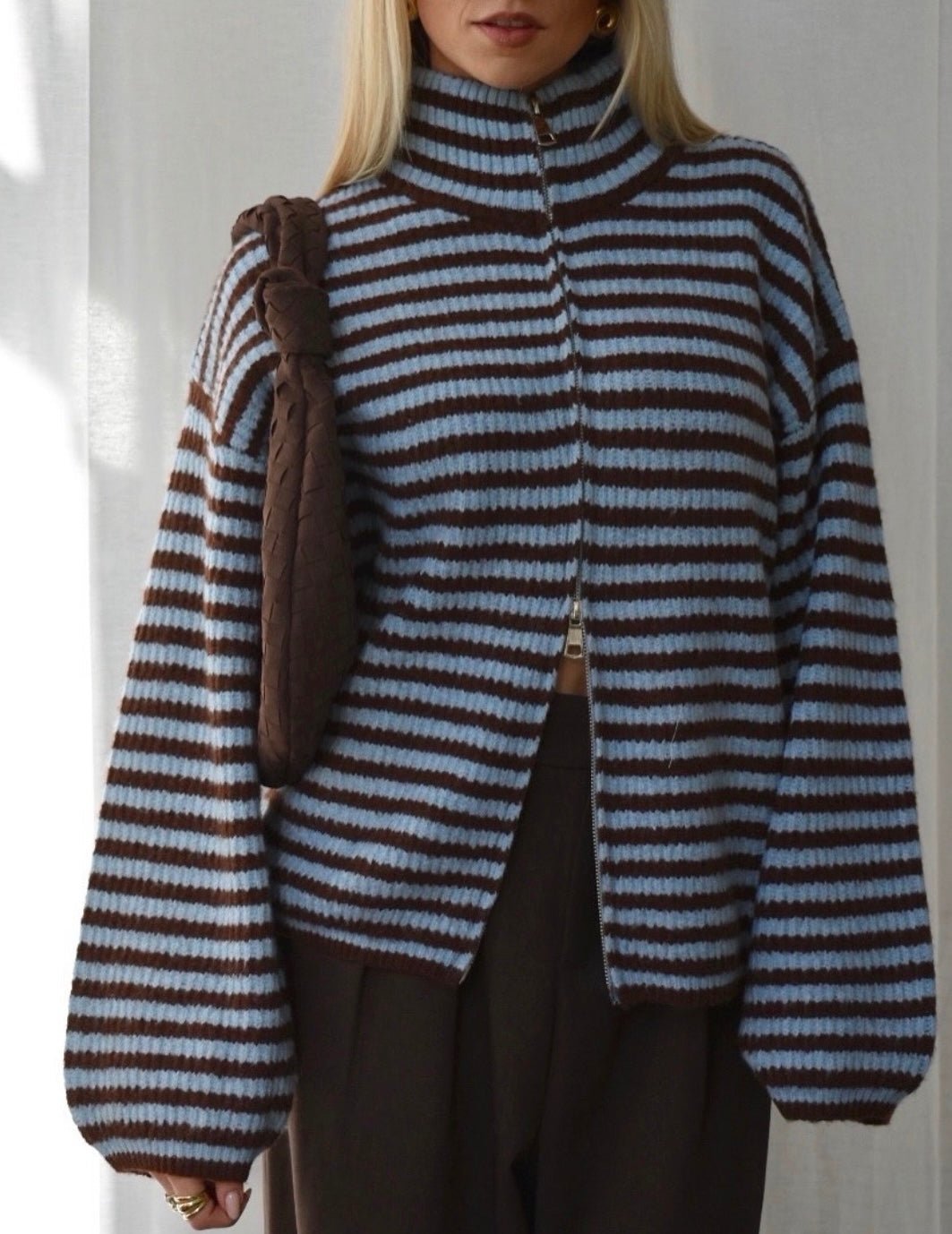 SOKYND Monica High Neck Zip-Up Cardigan CardiganSOKYND-538647-BLU-M-10007Blue StripesM