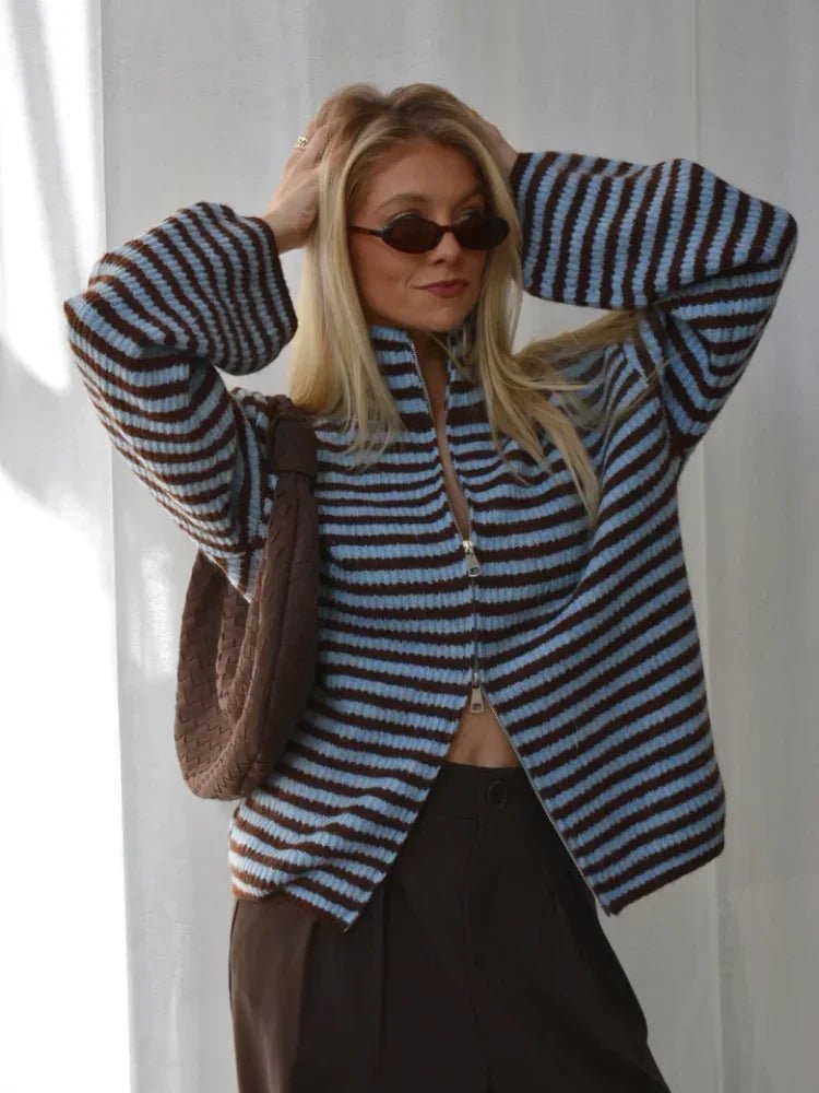 SOKYND Monica High Neck Zip-Up Cardigan CardiganSOKYND-538647-BLU-S-77239Blue StripesS
