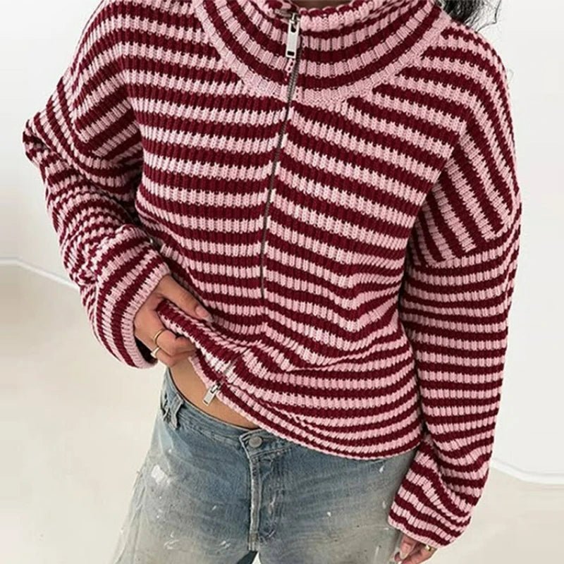 SOKYND Monica High Neck Zip-Up Cardigan CardiganSOKYND-538647-RED-M-08311Red StripesM