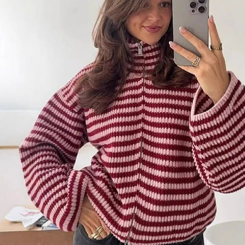 SOKYND Monica High Neck Zip-Up Cardigan CardiganSOKYND-538647-RED-S-75543Red StripesS