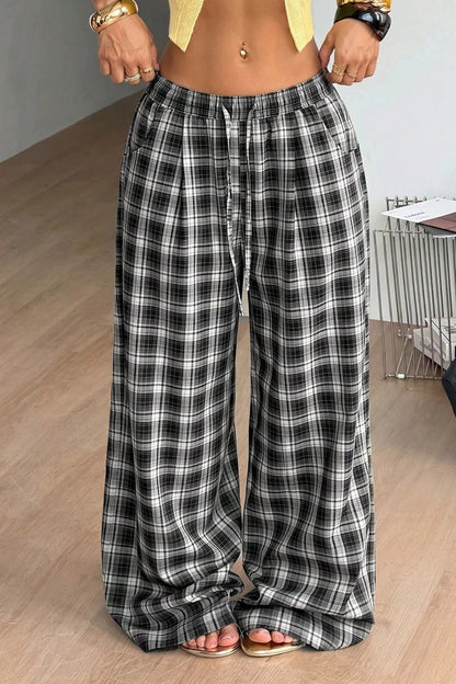 SOKYND Naomi Drawstring Wide Leg Plaid Pants PantsSOKYND-172119-BLA-S-08343BlackS