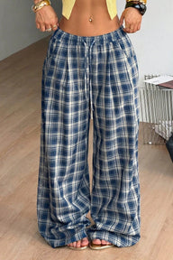 Naomi Drawstring Wide Leg Plaid Pants
