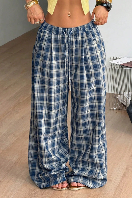 Naomi Drawstring Wide Leg Plaid Pants