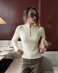 Naomi Mandarin Collar Ribbed Knit Top