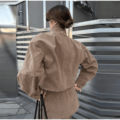 SOKYND Naomi Suede Cropped Coat & Skirt Set Matching SetsSOKYND-571351-CRO-BEIGE-22455Cropped Coat & Mini Skirt SetBeigeS