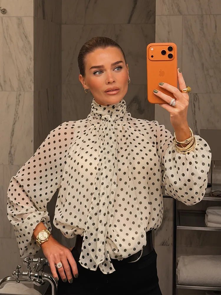 SOKYND Nyla High Collar Polka Dot Blouse TopsWhiteS