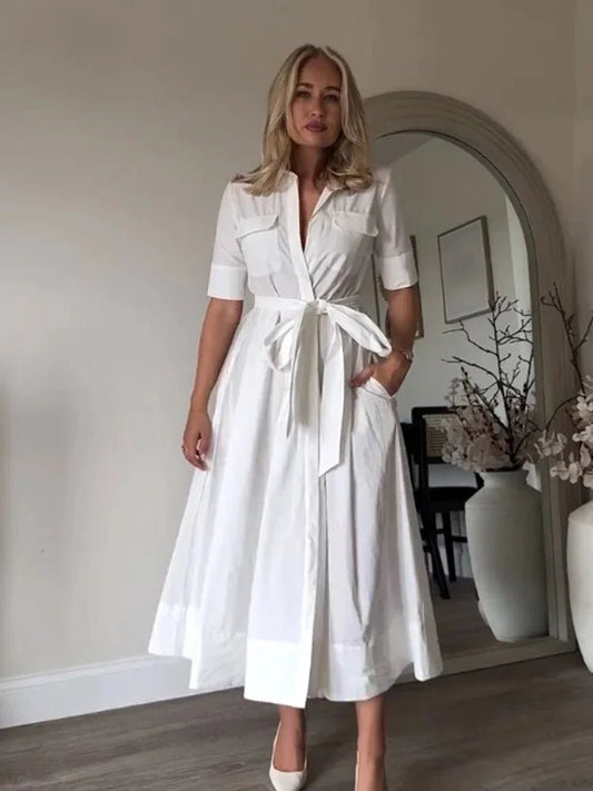 SOKYND Paloma Belted Shirt Midi Dress DressWhiteXS