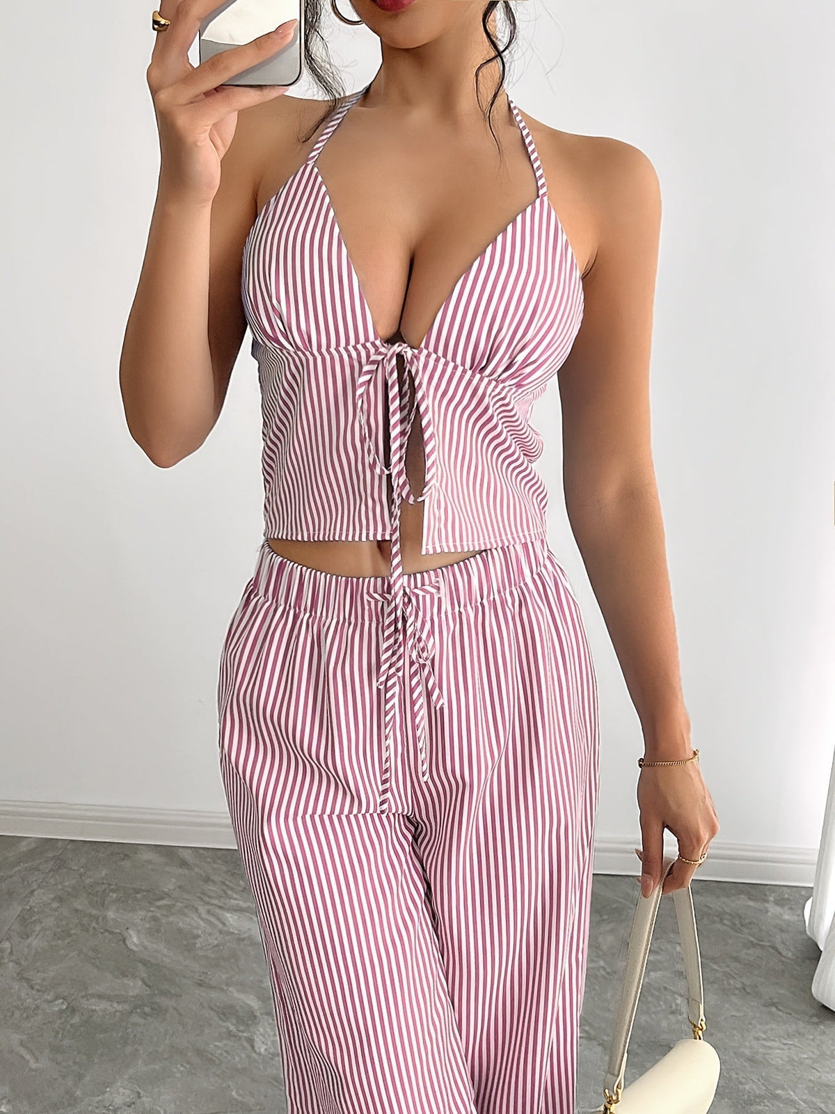 SOKYND Phoenix Striped Halter Tank Top Set TopSOKYND-043735-PIN-XS-16247PinkXS