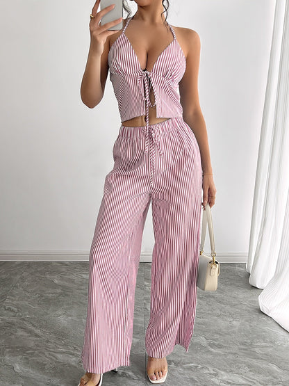 SOKYND Phoenix Striped Halter Tank Top Set TopSOKYND-043735-PIN-XS-16247PinkXS
