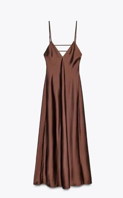 SOKYND Reina Satin Backless Maxi Dress DressBrownXS