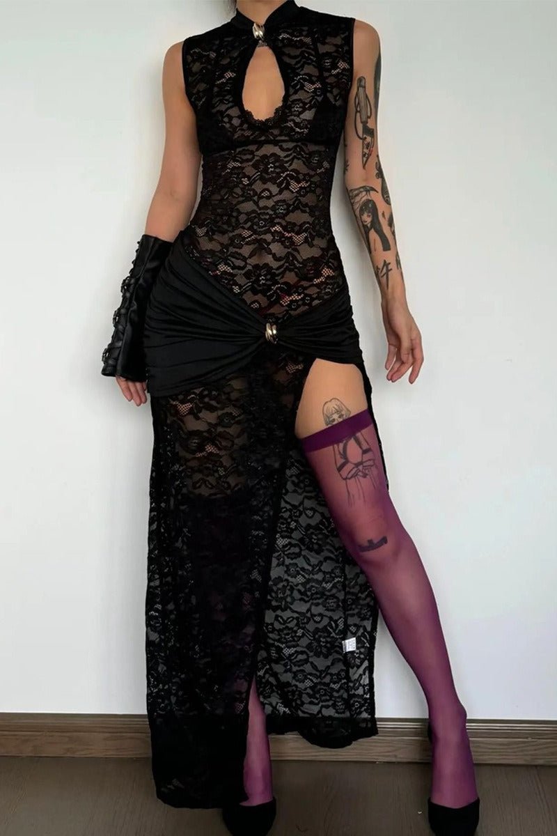 SOKYND Rizza Lace Buckle Slit Maxi Dress DressesSC1774526245049504749BlackM