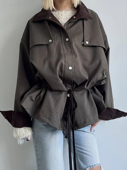 SOKYND Ruth Contrast Collar Windbreaker Jacket JacketSOKYND-192791-BRO-S-25335BrownS