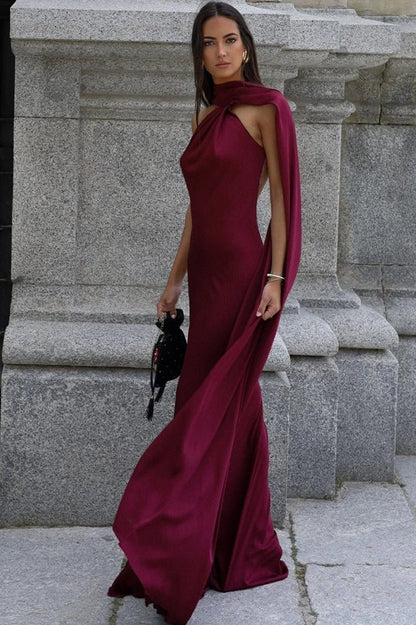 SOKYND Tirzah Satin Halter Cape Dress DressBurgundyS