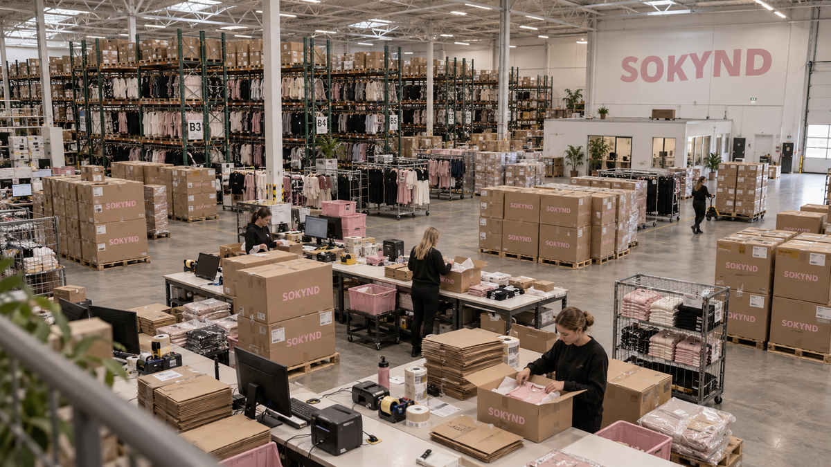 SOKYND warehouse packing floor viewed from above, with pink-branded stock cartons and densely stocked racks